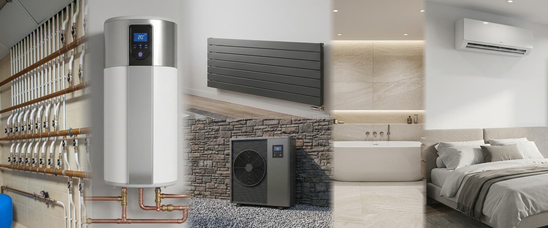 Collecteur hydraulique, chauffe-eau thermodynamique et salle de bain moderne — prestations Energies Vital